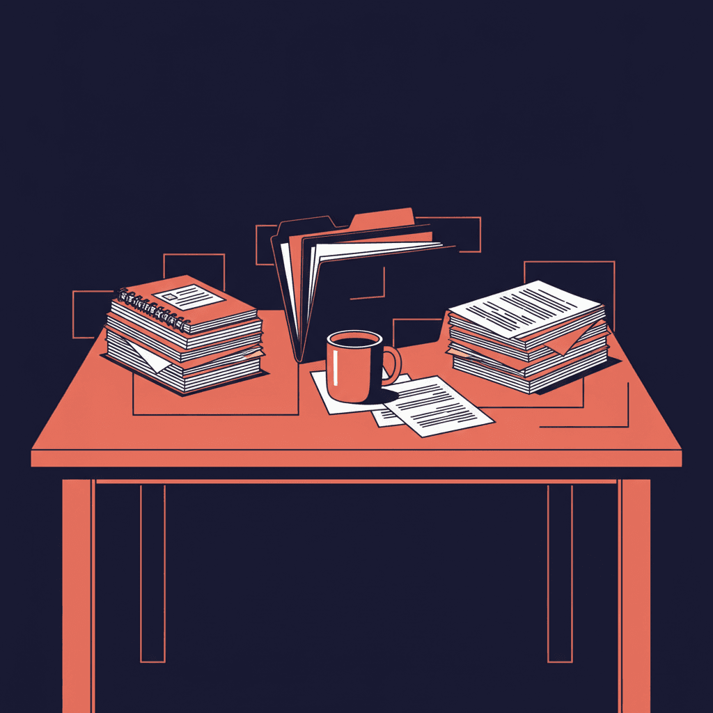 Table de cuisine où s'empilent papiers scolaires, dossiers administratifs et ordonnances autour d'une tasse refroidie