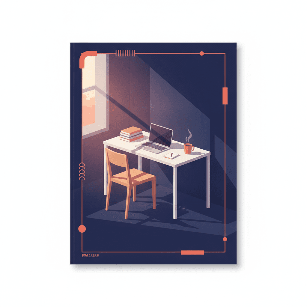 Poste de travail rangé, chaise remise en place, tasse encore pleine dans la lumière du matin