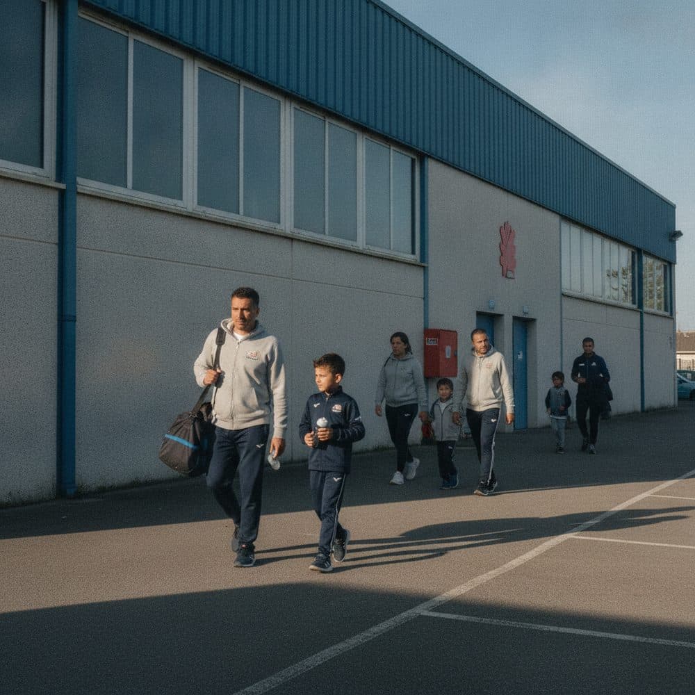 Familles et éducateurs quittant un gymnase après l’entraînement